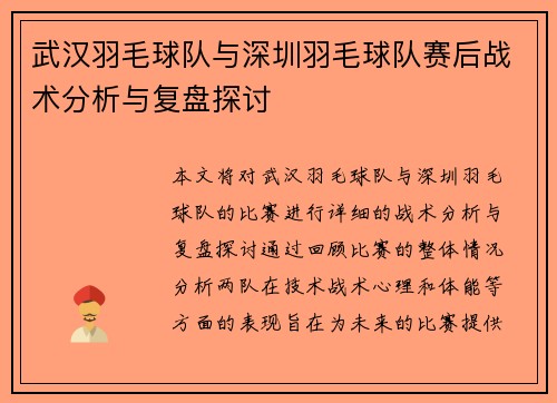 武汉羽毛球队与深圳羽毛球队赛后战术分析与复盘探讨